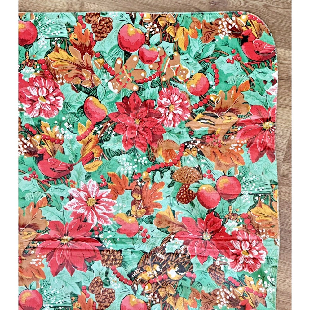 Christmas Vinyl Tablecloth Woodland Farmhouse Bird Squirrel Rustic Vintage 50x90